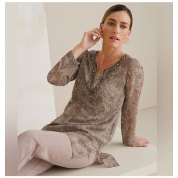 Chicos 3 Sheer Snake Print V-Neck Tunic Top Beaded Embellishments Womens Size XL - Picture 1 of 6